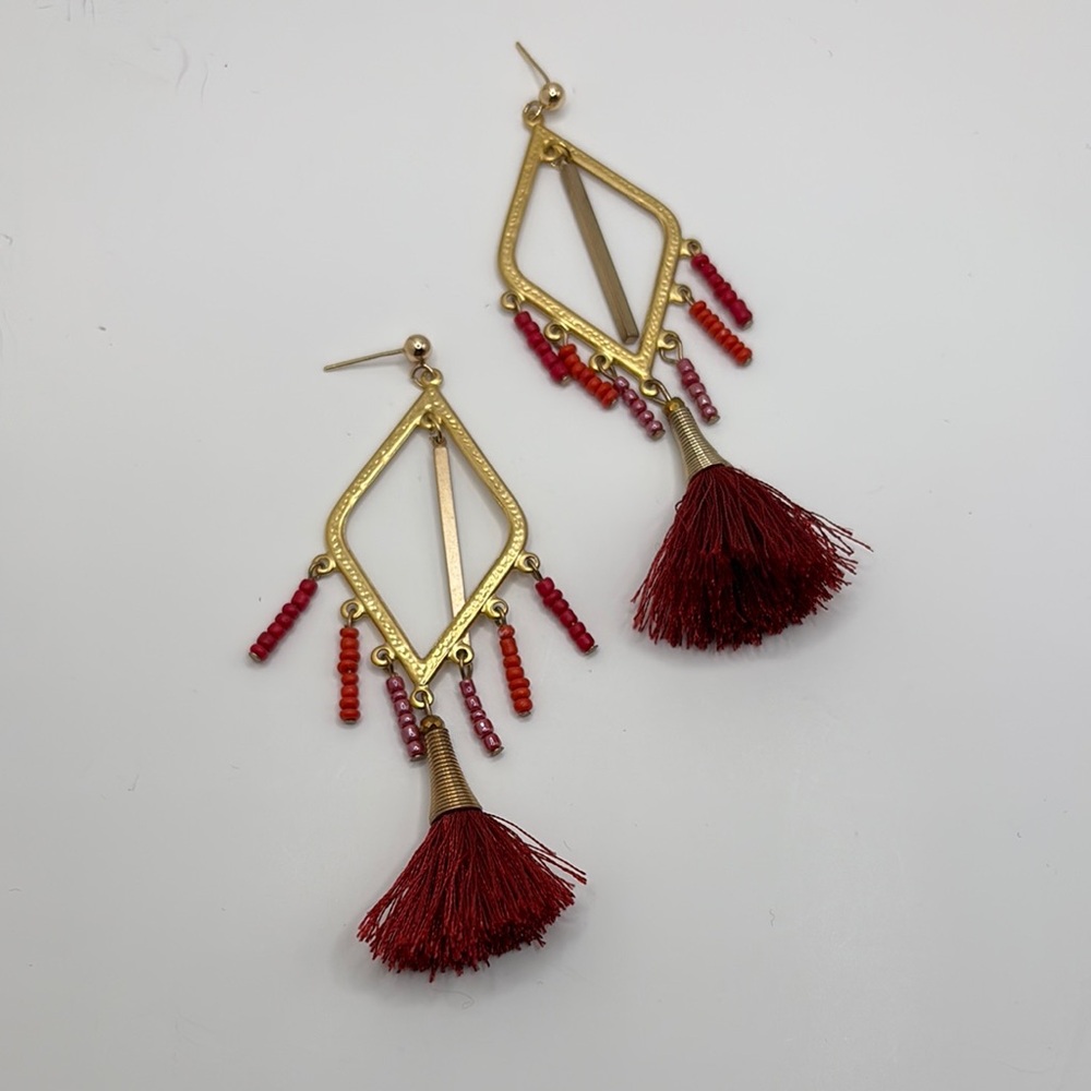 Gold and Red Tassel Earrings